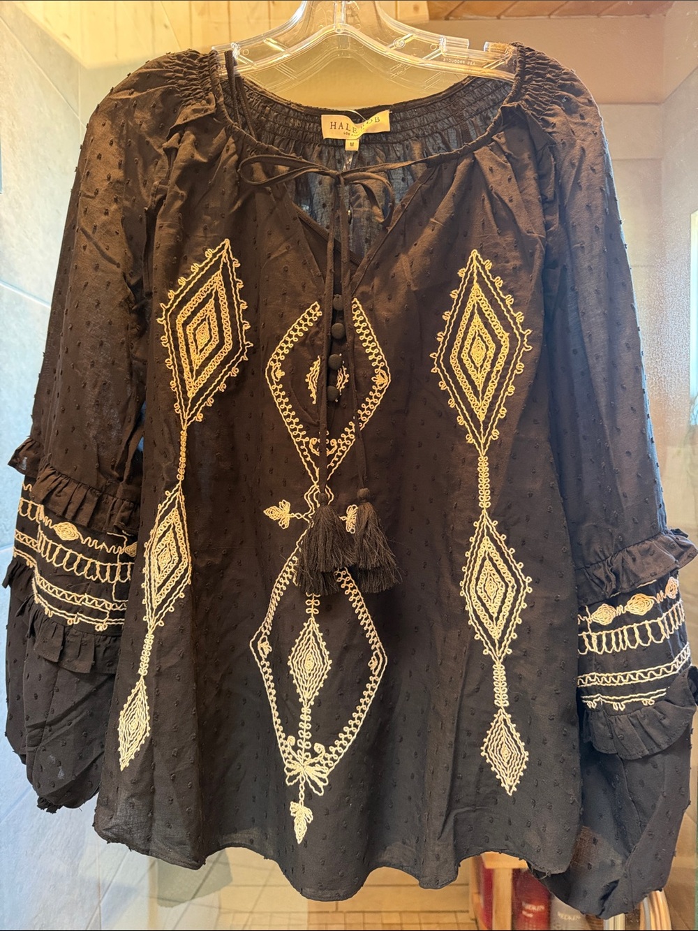 Hale Bob Black Peasant Blouse with Cream Embroidery